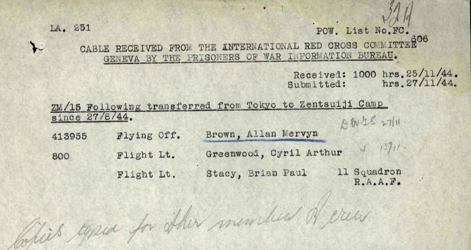 Transferred from Tokyo to Zentsuji POW Camp